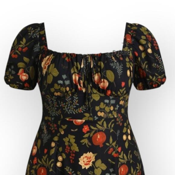Cider Fruit Print Square Neck Puff Sleeve Midi Dress – Curve 1XL - Picture 3 of 9